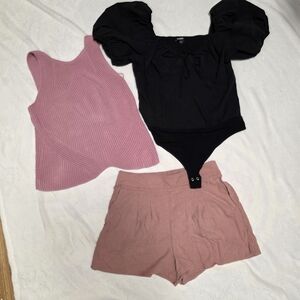 Express Black Puff-Sleeve Square-Neck Bodysuit with Front Tie